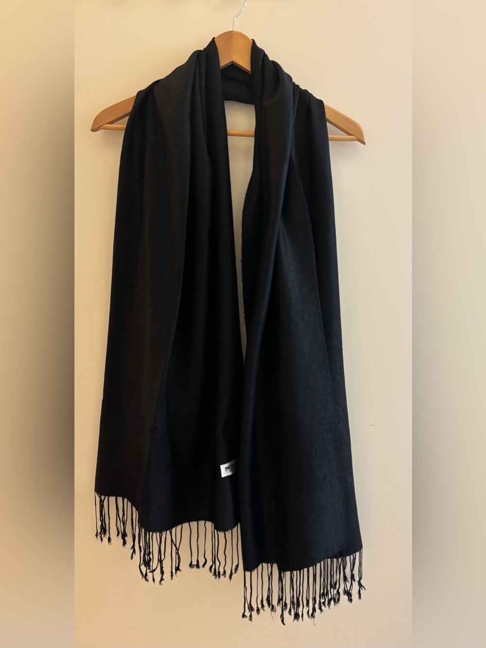 Vintage Black 100% Pashmina Jacquard Shawl Wrap Scarf Fringe
